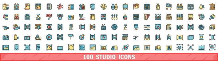 100 studio icons set, color line style vector