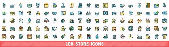 100 store icons set, color line style vector