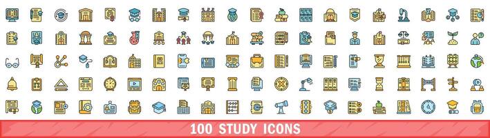 100 study icons set, color line style vector