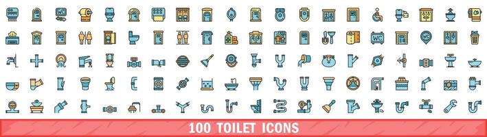 100 toilet icons set, color line style vector