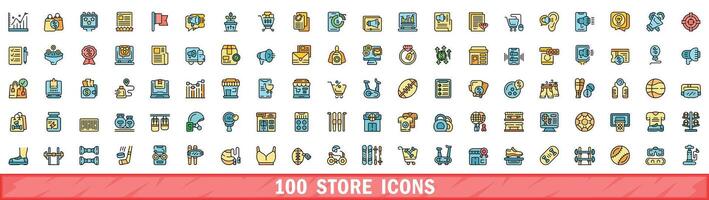 100 store icons set, color line style vector