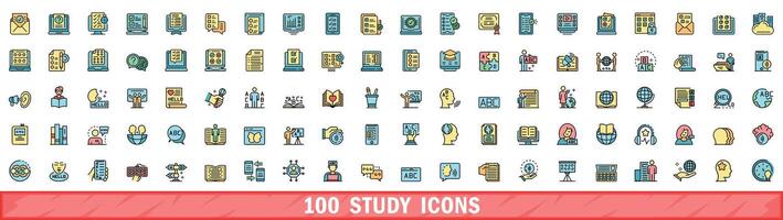 100 study icons set, color line style vector