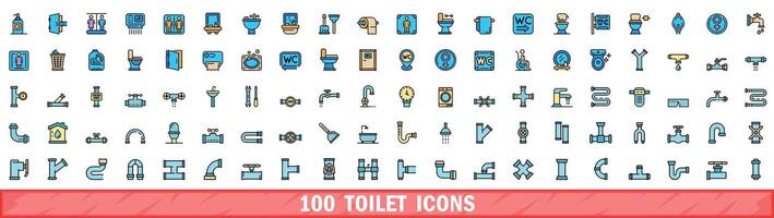 100 toilet icons set, color line style vector