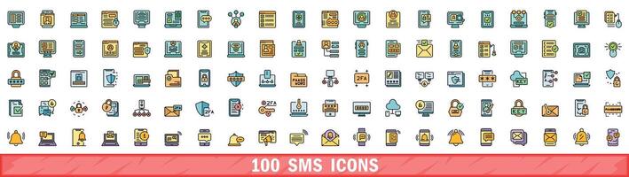 100 sms icons set, color line style vector