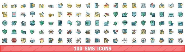 100 sms icons set, color line style vector