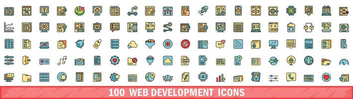 100 web development icons set, color line style vector