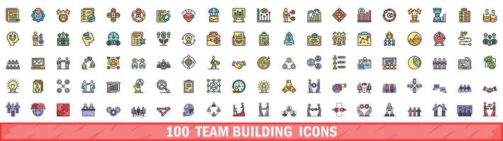 100 team building icons set, color line style vector