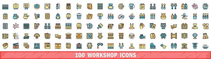 100 workshop icons set, color line style vector