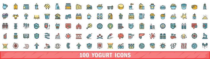100 yogurt icons set, color line style vector