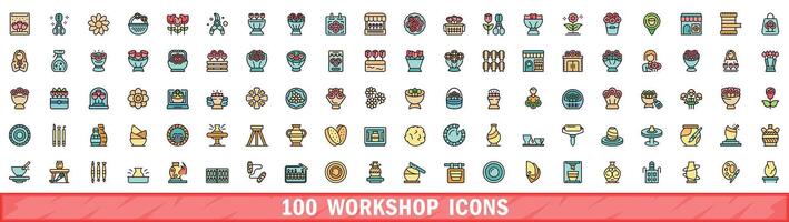 100 workshop icons set, color line style vector