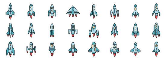 Spacecraft launch icons set color line vector