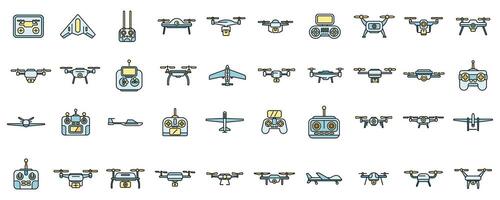 Drone technology icons set color line vector