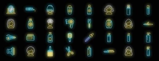 Curly hair care icons set neon vector
