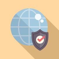 Flat design icon depicting a world globe with a protective shield, symbolizing cybersecurity vector