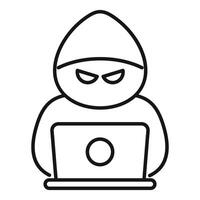 Simplified black line icon of a hacker working on a laptop, representing cyber security concepts vector