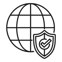 Simple line art icon illustrating global security with a shield and check mark covering the globe vector