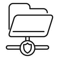 Simple line art icon featuring a folder on a network with a shield security symbol vector