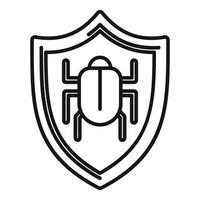 Black and white icon of a shield with a stylized bug symbol, representing digital security vector