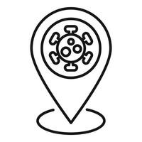 Black and white line art of a map pin combined with a virus symbol, representing covid19 tracking vector