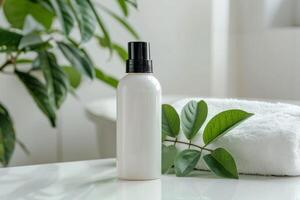 Bottle of Lotion Next to Towel on Table photo