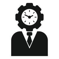 icono de un persona en negocio atuendo con un rueda dentada reloj cabeza, simbolizando hora administración vector