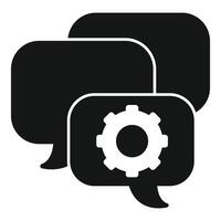 Black and white graphic of speech bubbles with a cogwheel, symbolizing settings or configuration in communication vector