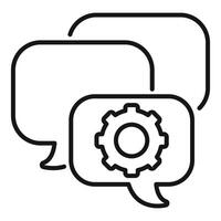 Black and white icon illustrating a conversation with a gear symbol, representing a technical or engineering discussion vector