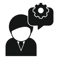 Simplistic icon of a person with a speech bubble containing a gear, symbolizing problemsolving vector