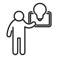 Simplistic line icon depicting a person presenting an idea with a light bulb and laptop vector