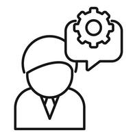 Line icon depicting a person with a speech bubble and gear, symbolizing engineering thought vector