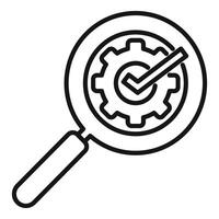 Black and white illustration of a magnifying glass inspecting a gear with a check mark, symbolizing quality assurance vector