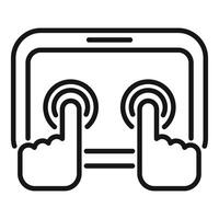 Outline of hands interacting with a digital touchscreen interface, depicting modern technology vector