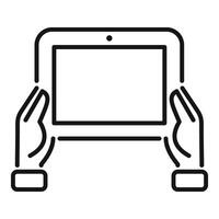 Line art illustration of hands holding a tablet, suitable for digital technology themes vector