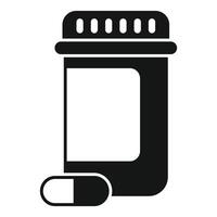 Black and white icon of a medicine bottle with pills, suitable for healthcare themes vector