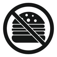 Black and white icon depicting a burger with a prohibition sign, indicating no eating, unhealthy food, or a diet concept vector