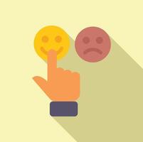 Graphic of a hand selecting a happy face over a sad one, depicting choice of mood vector