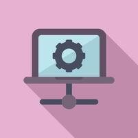 Flat design icon depicting a laptop with a gear symbol, illustrating computer maintenance or settings vector