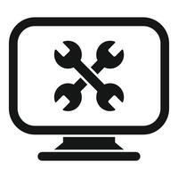 Black and white icon of computer screen with wrenches, symbolizing technical support vector