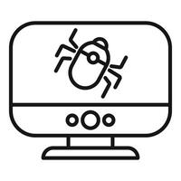 Line art icon of a computer screen with a bug representing software glitches or viruses vector