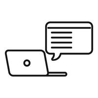 Line art icon illustrating a laptop with a speech bubble, symbolizing online communication vector