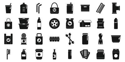 Products that can be reused icons set . A collection of black and white icons for various items such as a bottle, a can vector
