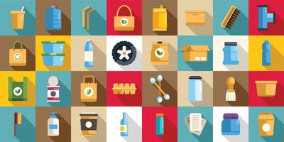 Products that can be reused icons set . A collection of various items, including a bottle, a cup, a brush, and a box vector