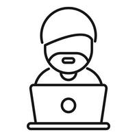 Line art icon of a person using vr headset and laptop vector
