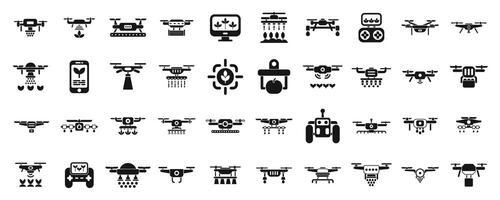 Drones in agriculture icons set . A collection of various types of drones and other flying machines vector