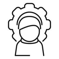 Outline icon of a female engineer with gear background, representing stem fields vector