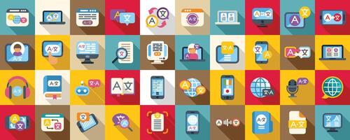 Translator app icons set . A collection of icons for various devices and applications, including a laptop vector