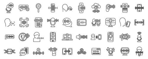 voz y habla reconocimiento aplicación íconos conjunto . un colección de íconos para varios dispositivos y aplicaciones, incluso un célula teléfono vector