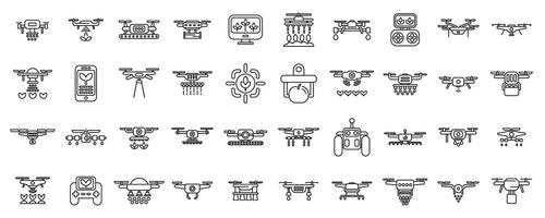 Drones in agriculture icons set . A collection of various types of drones and other flying devices vector