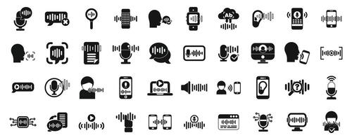 voz y habla reconocimiento aplicación íconos conjunto . un colección de íconos para varios dispositivos y aplicaciones, incluso un micrófono vector