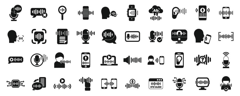 Voice and speech recognition app icons set . A collection of icons for various devices and apps, including a microphone